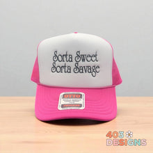 Load image into Gallery viewer, Sorta Sweet Sorta Savage Embroidered Trucker Hat