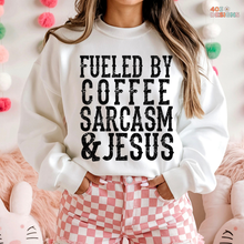 Load image into Gallery viewer, Fueled By Coffee Jesus Sarcasm DTF Transfer
