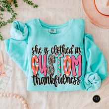 Load image into Gallery viewer, She Is Clothed In Thankfulness DTF Transfer