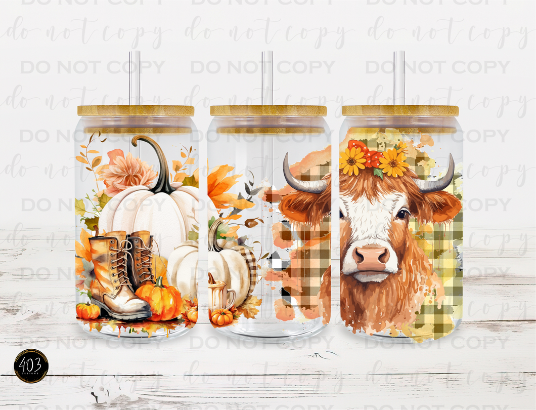 Autumn Cow & Pumpkin Libby Glass Can UV DTF Transfer