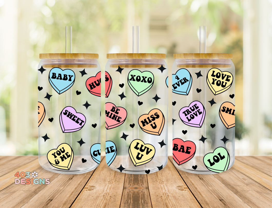 Candy Hearts Libby Glass Can UV DTF Transfer