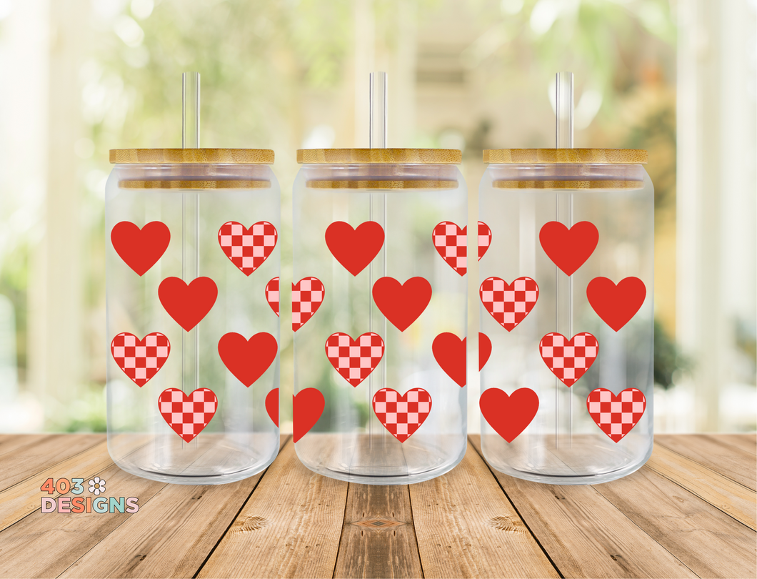 Checkered Hearts Libby Glass Can UV DTF Transfer