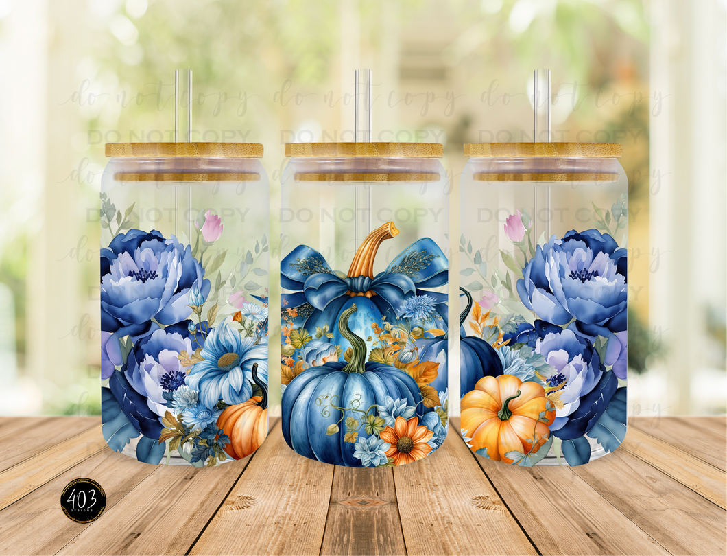 Blue Floral Pumpkins Libby Glass Can UV DTF Transfer