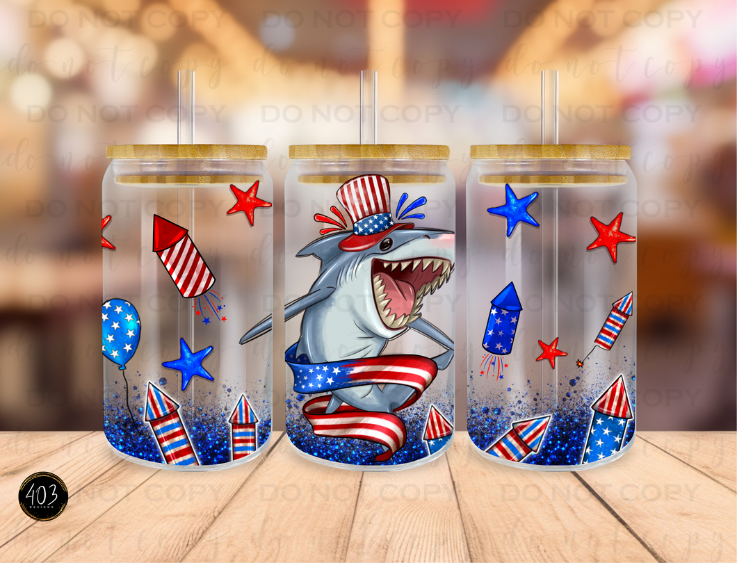 4th of July Shark Libby Glass Can UV DTF Transfer