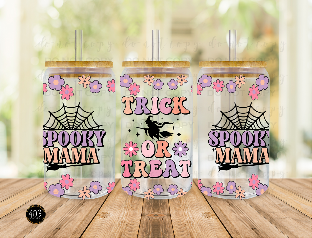 Spooky Mama Trick or Treat Libby Glass Can UV DTF Transfer