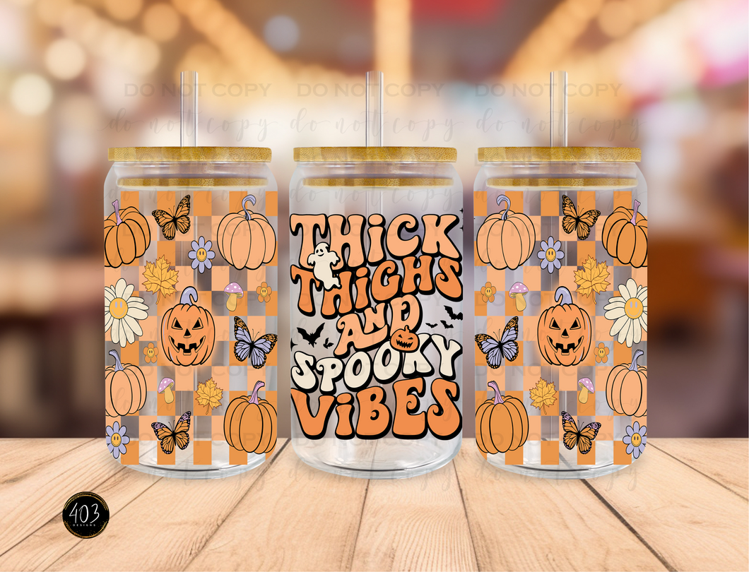 Retro Checkered Thick Thighs & Spooky Vibes- Libby Glass Can UV DTF Transfer