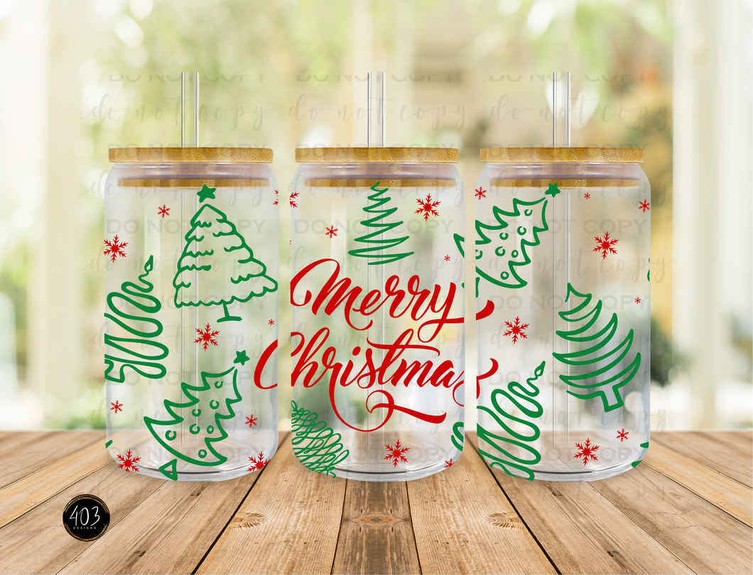 Merry Christmas Doodle Trees- Libby Glass Can UV DTF Transfer