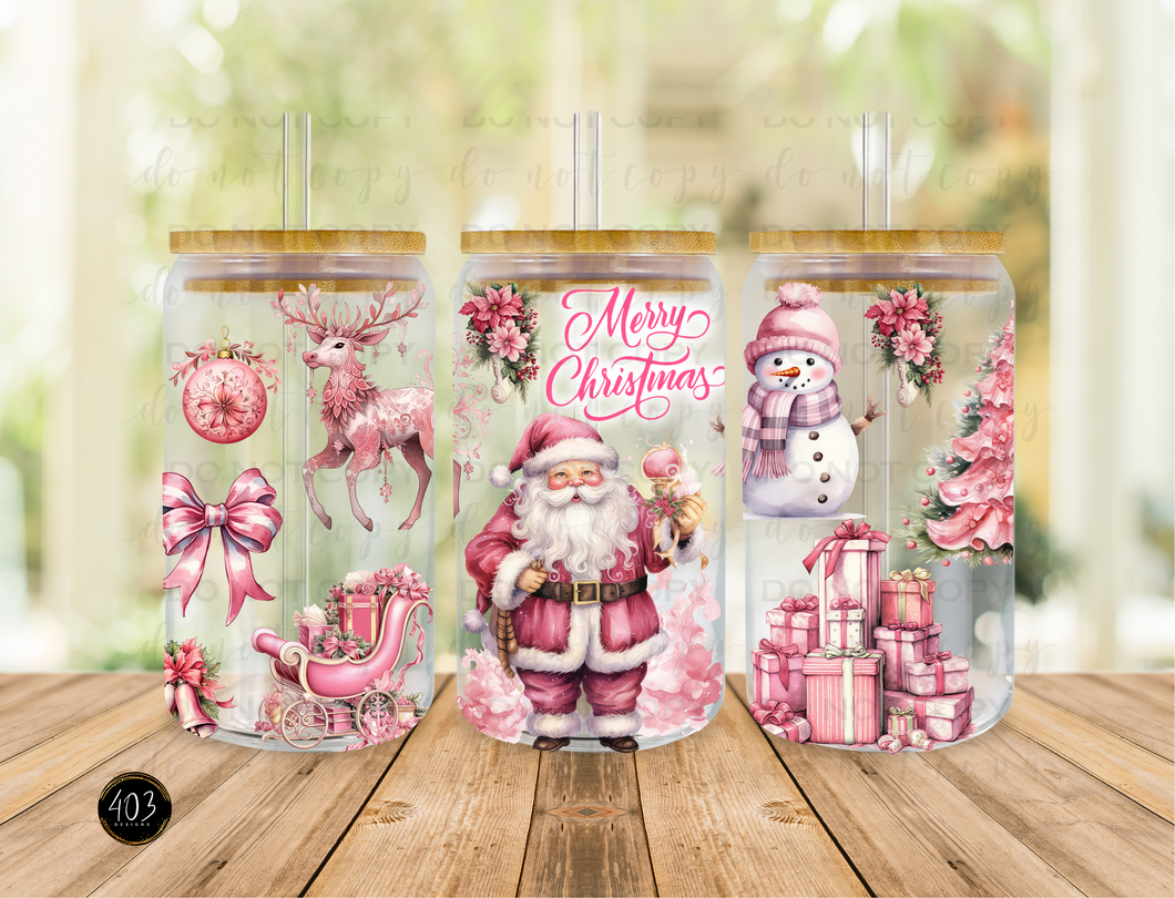 Merry Christmas Pink Santa & Snowmen - Libby Glass Can UV DTF Transfer