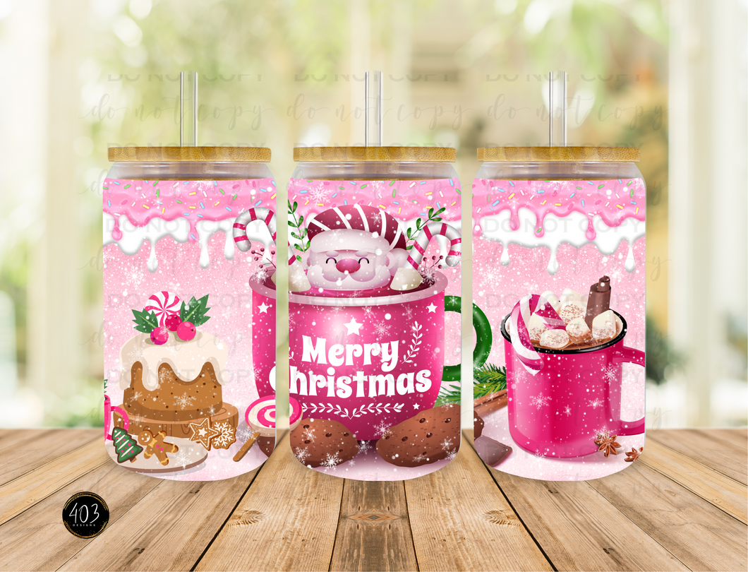 Merry Christmas Pink Snowmen - Libby Glass Can UV DTF Transfer