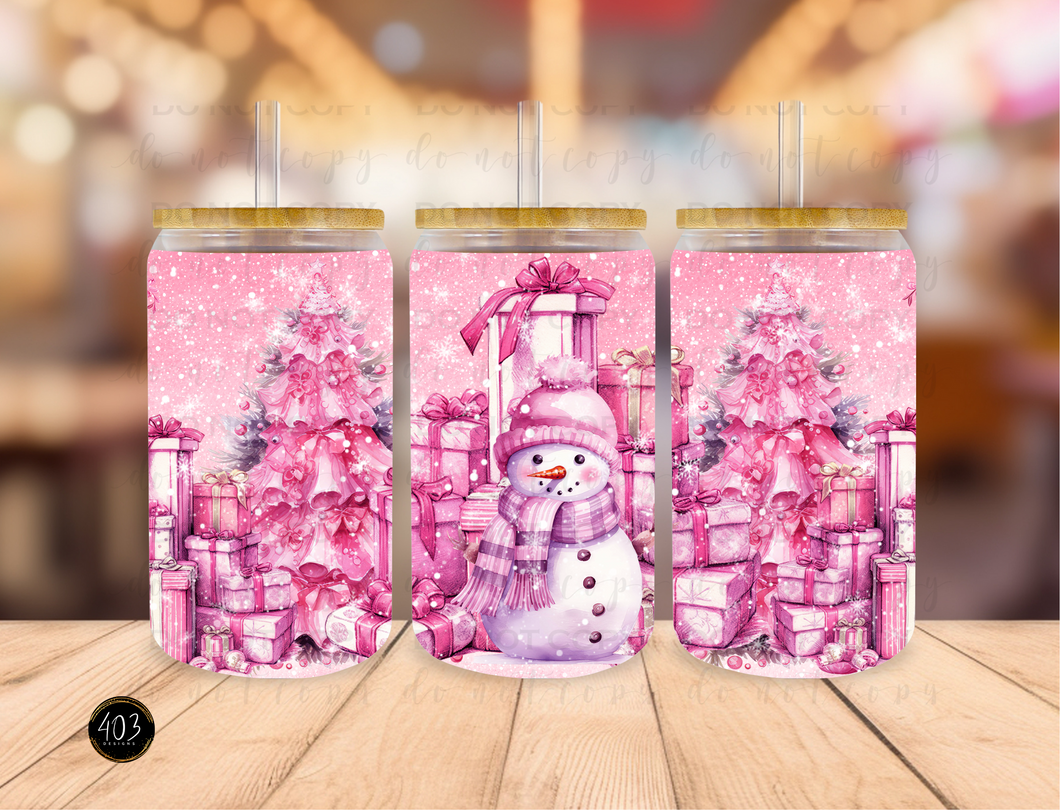 Pink Snowman with Presents- Libby Glass Can UV DTF Transfer