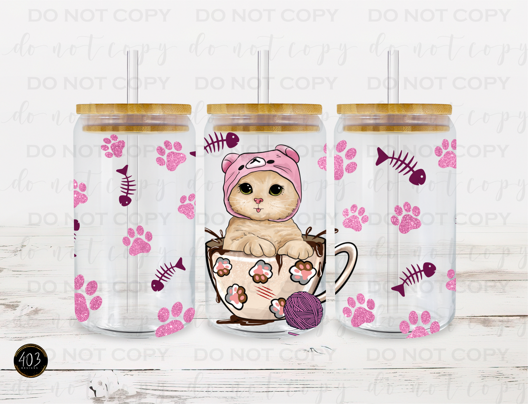 Kitten In Coffee Mug Libby Glass Can UV DTF Transfer