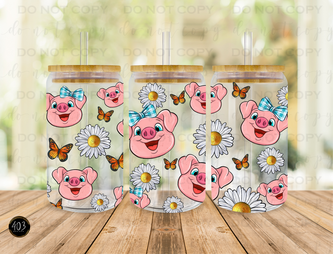 Daisy Pigs with Bows Libby Glass Can UV DTF Transfer