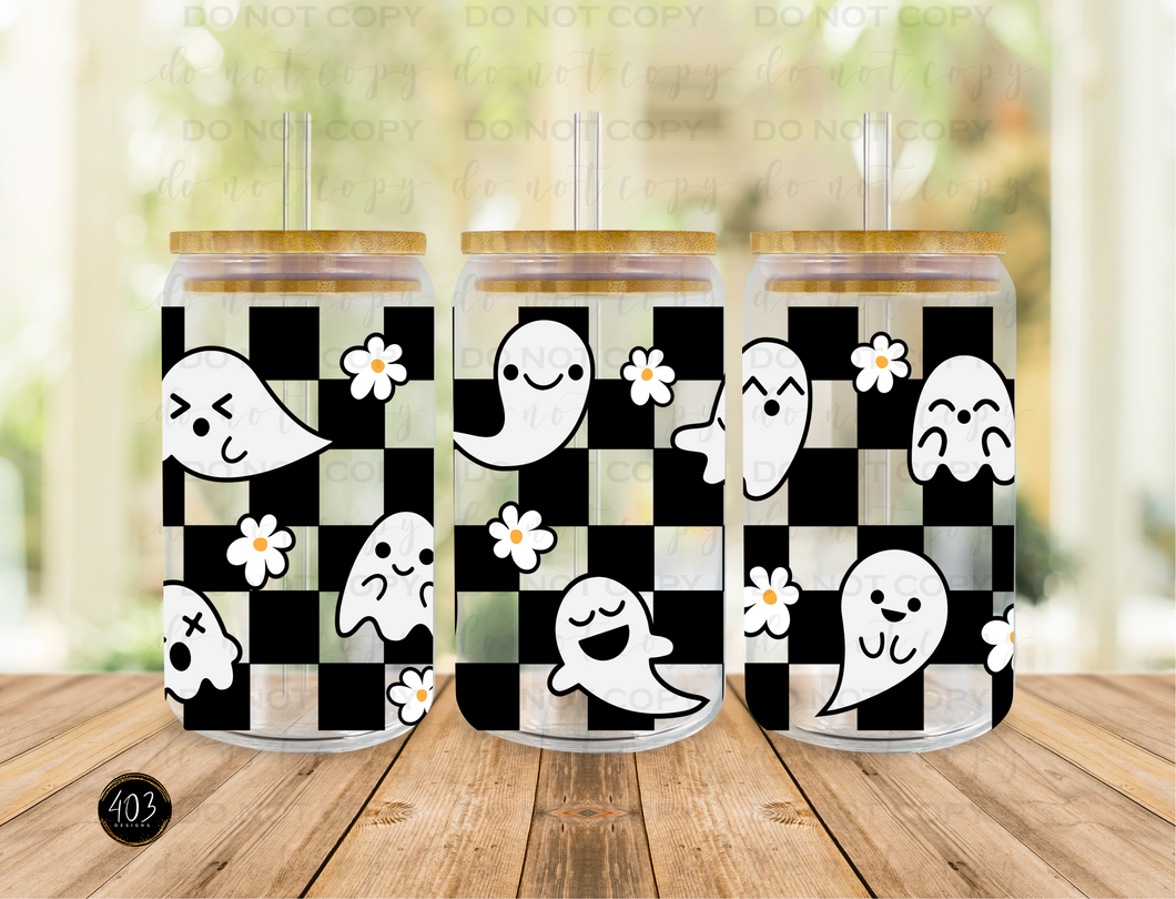 Checkered Ghosts w/ Flowers Libby Glass Can UV DTF Transfer