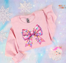 Load image into Gallery viewer, Christmas Lights Pink Bow Completed Tee/Sweatshirt
