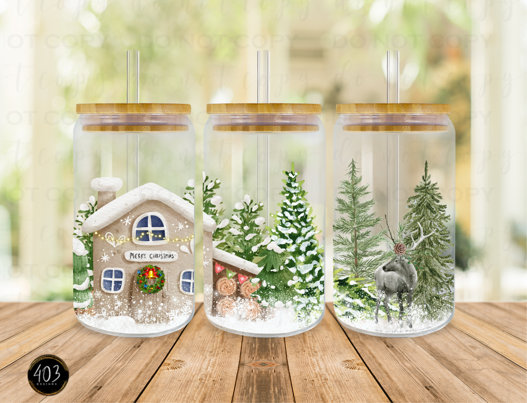 Christmas Tree House Libby Glass Can UV DTF Transfer