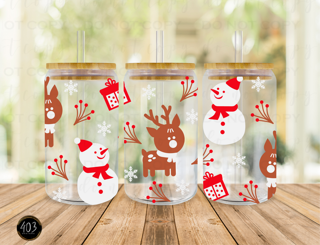 Reindeer & Snowmen Libby Glass Can UV DTF Transfer