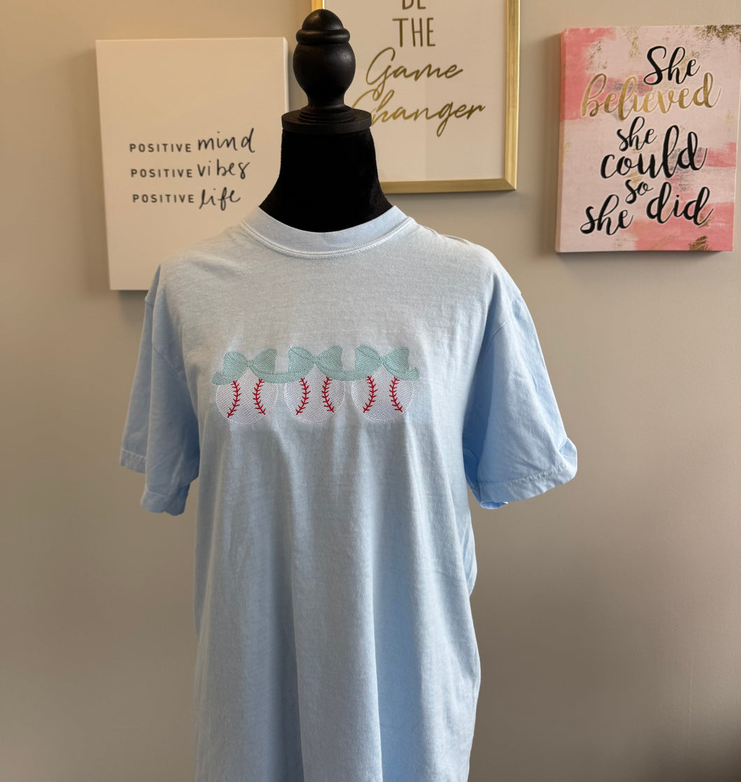 Embroidered Baseball Trio & Blue Bows Comfort Colors T-Shirt