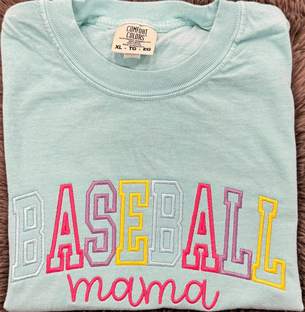 Colorful Baseball Mama Embroidered Comfort Colors T-Shirt