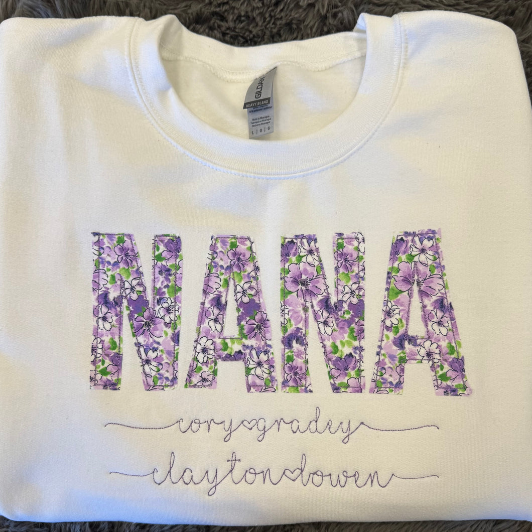 Custom Floral Title w/ Names- Applique Embroidered Sweatshirt