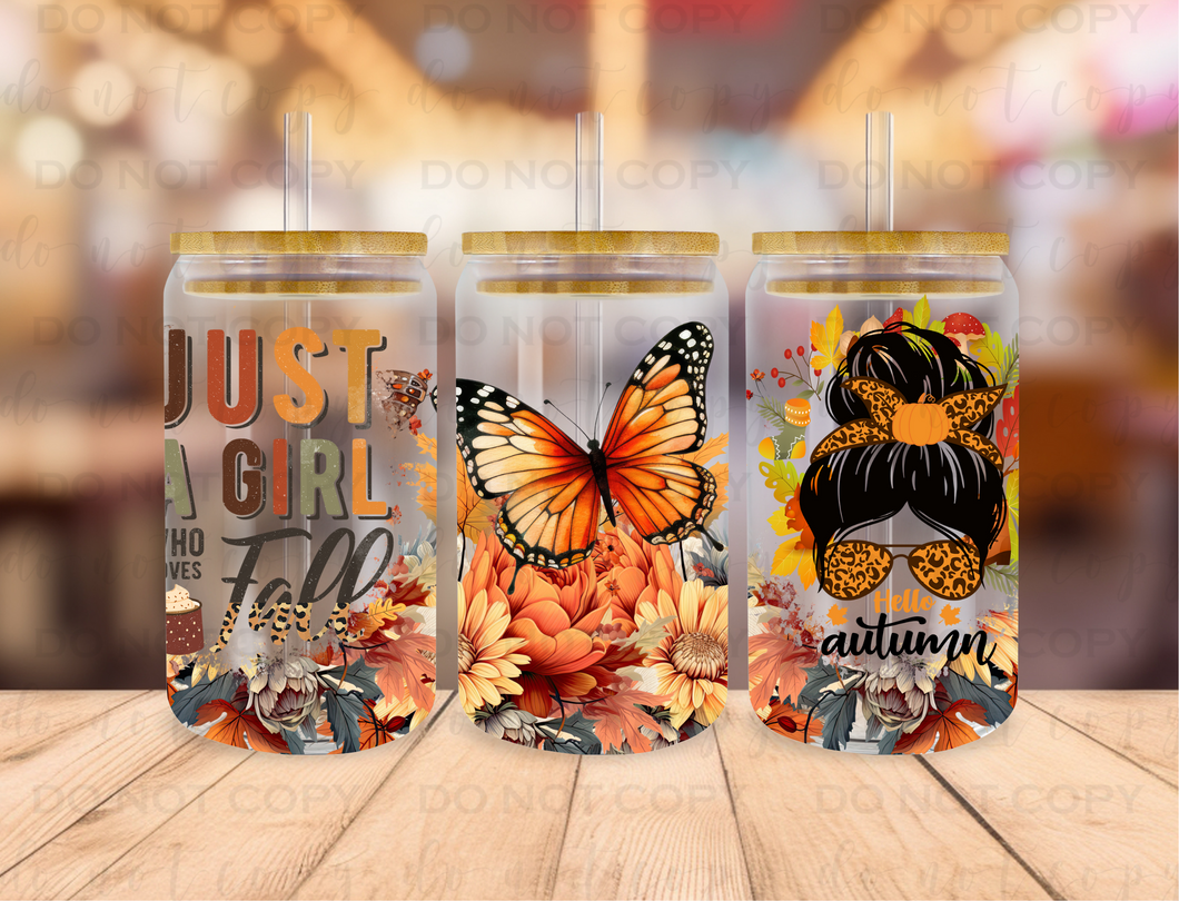 Just A Girl Who Loves Fall Libby Glass Can UV DTF Transfer