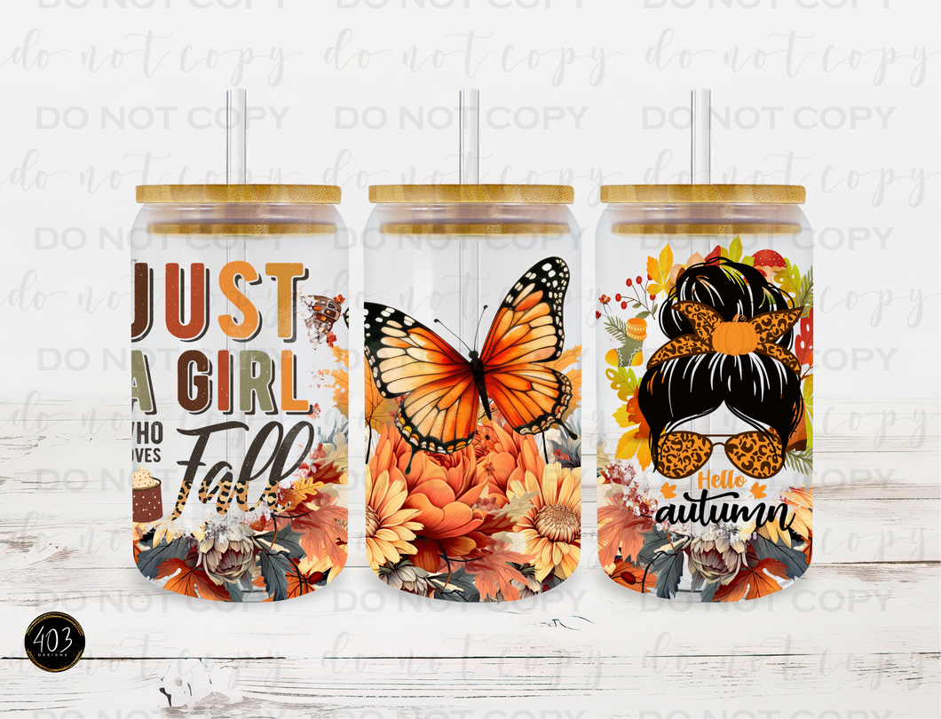 Just A Girl Who Loves Fall Libby Glass Can UV DTF Transfer