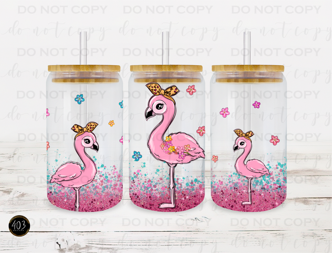 Flamingo w/ Bow Libby Glass Can UV DTF Transfer