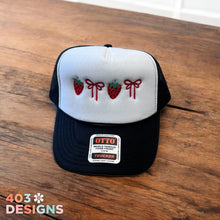Load image into Gallery viewer, Strawberry Coquette Embroidered Trucker Hat
