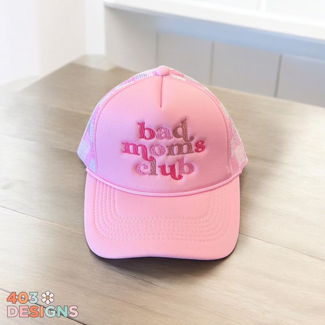 Bad Mom's Club (or custom saying) light pink checkered back Embroidered Trucker Hat