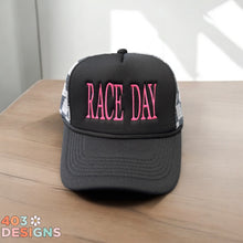 Load image into Gallery viewer, Race Day (or custom saying) black checkered back Embroidered Trucker Hat
