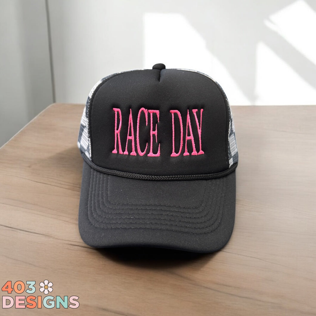 Race Day (or custom saying) black checkered back Embroidered Trucker Hat