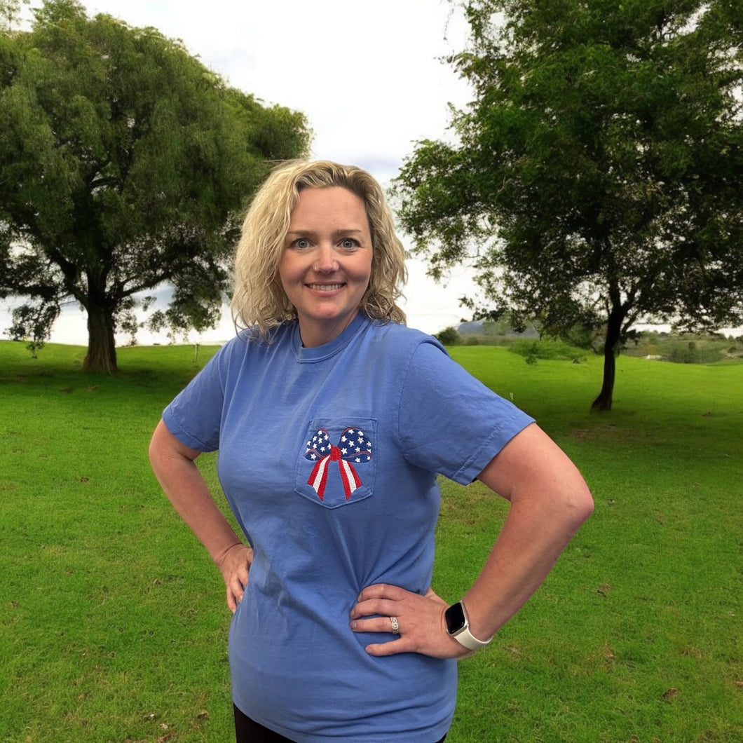 American Flag Bow- Comfort Colors Embroidered Pocket T-Shirt