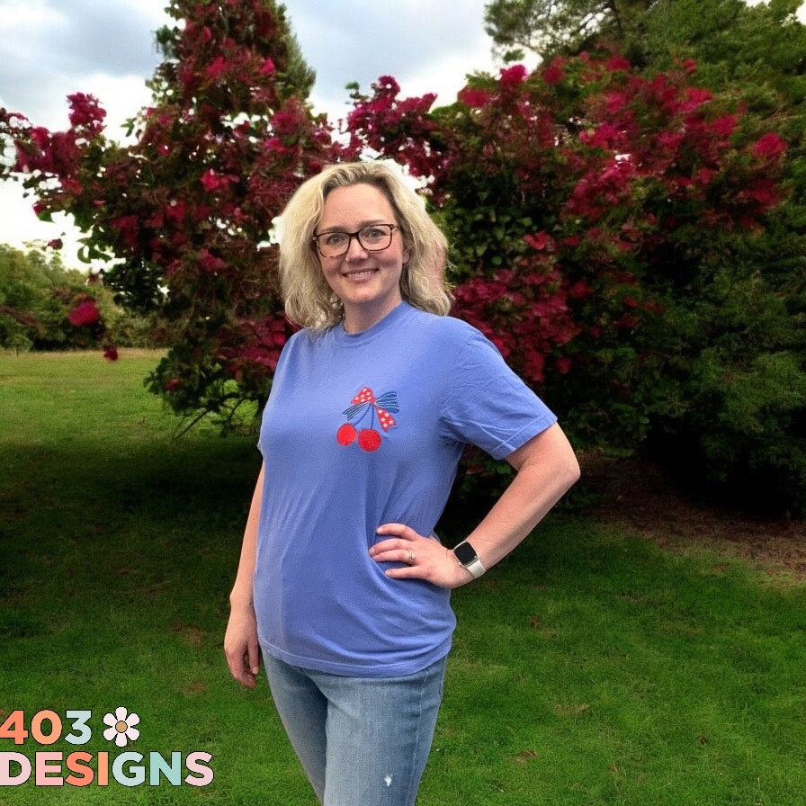 Patriotic Cherry- Comfort Colors Embroidered T-Shirt