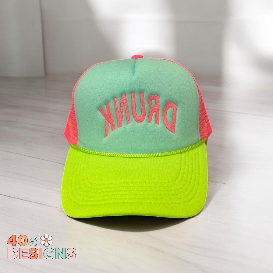 Drunk Tri Color Neon Embroidered Trucker Hat