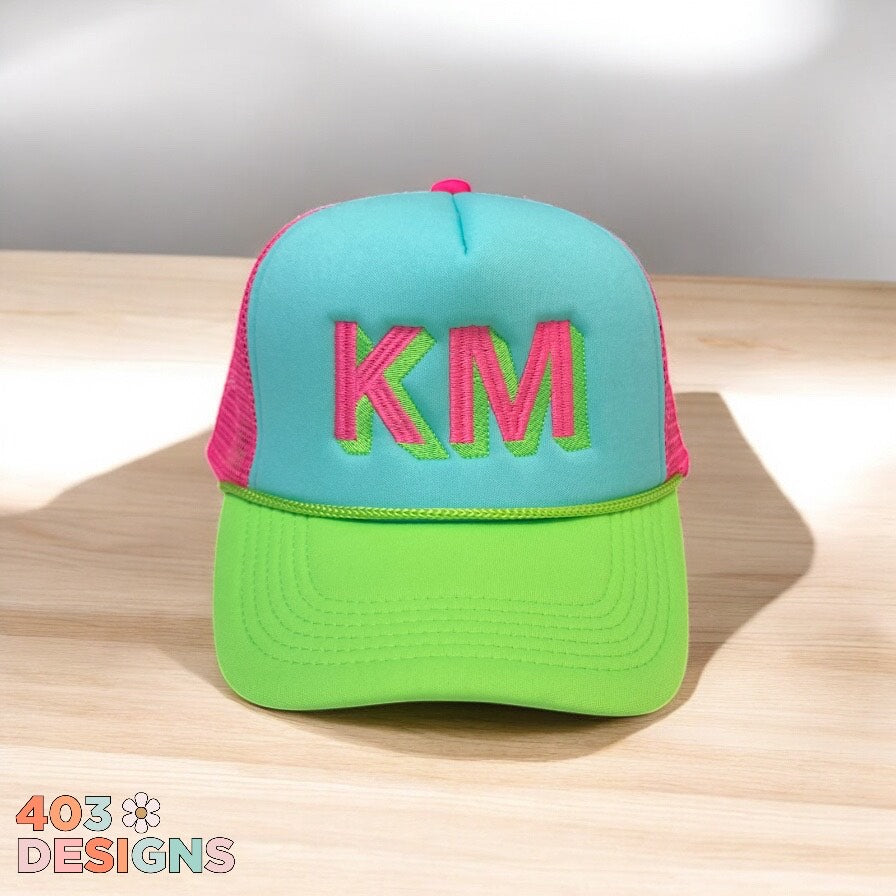 Tri Color Neon Brim Shadow Block Initials Embroidered Trucker Hat