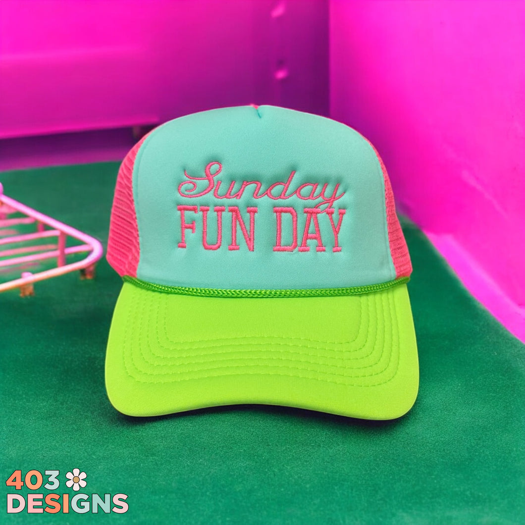 Sunday Funday Tri Color Neon Embroidered Trucker Hat
