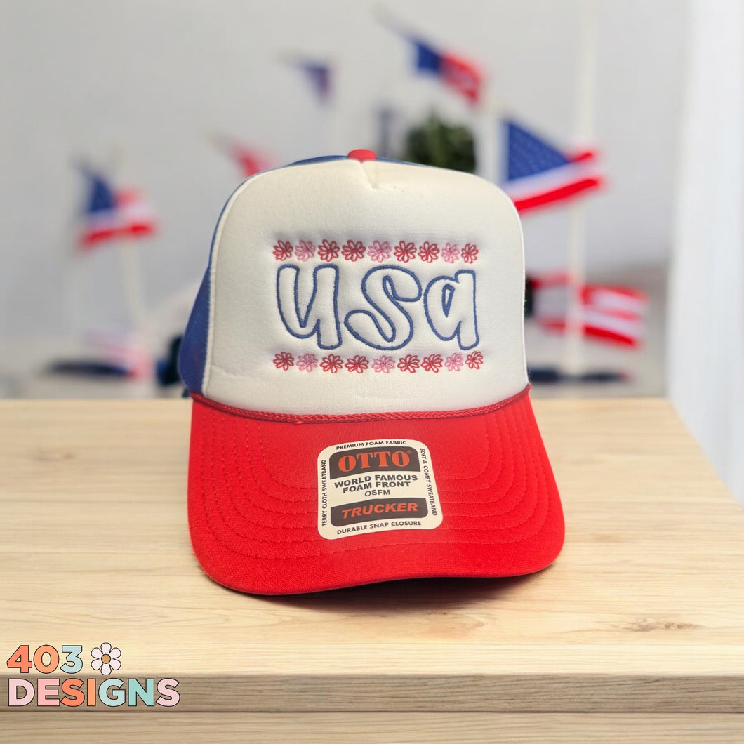 USA With Flowers Embroidered Foam Trucker Hat