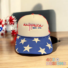 Load image into Gallery viewer, America With Bow Embroidered  Stars &amp; Stripes Trucker Hat
