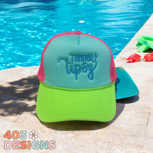 Load image into Gallery viewer, Tri Color Neon Brim Tanned &amp; Tipsy Embroidered Trucker Hat
