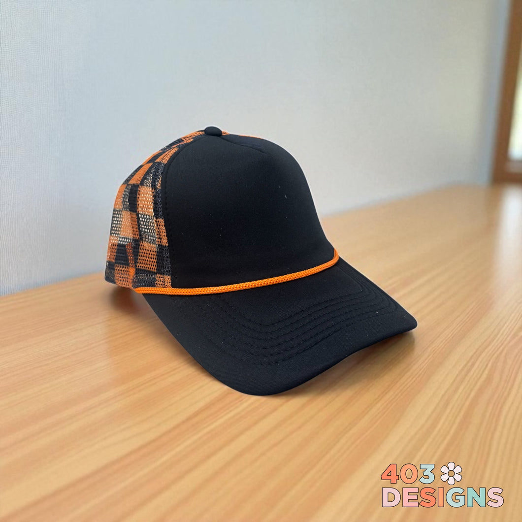 Black & Orange Checkered Foam Hat - Choose Your Embroidery Saying