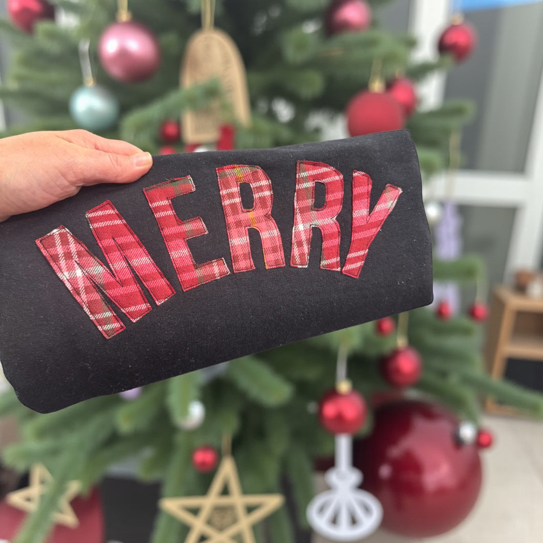 Merry Flannel Plaid Aplique Embroidered Sweatshirt
