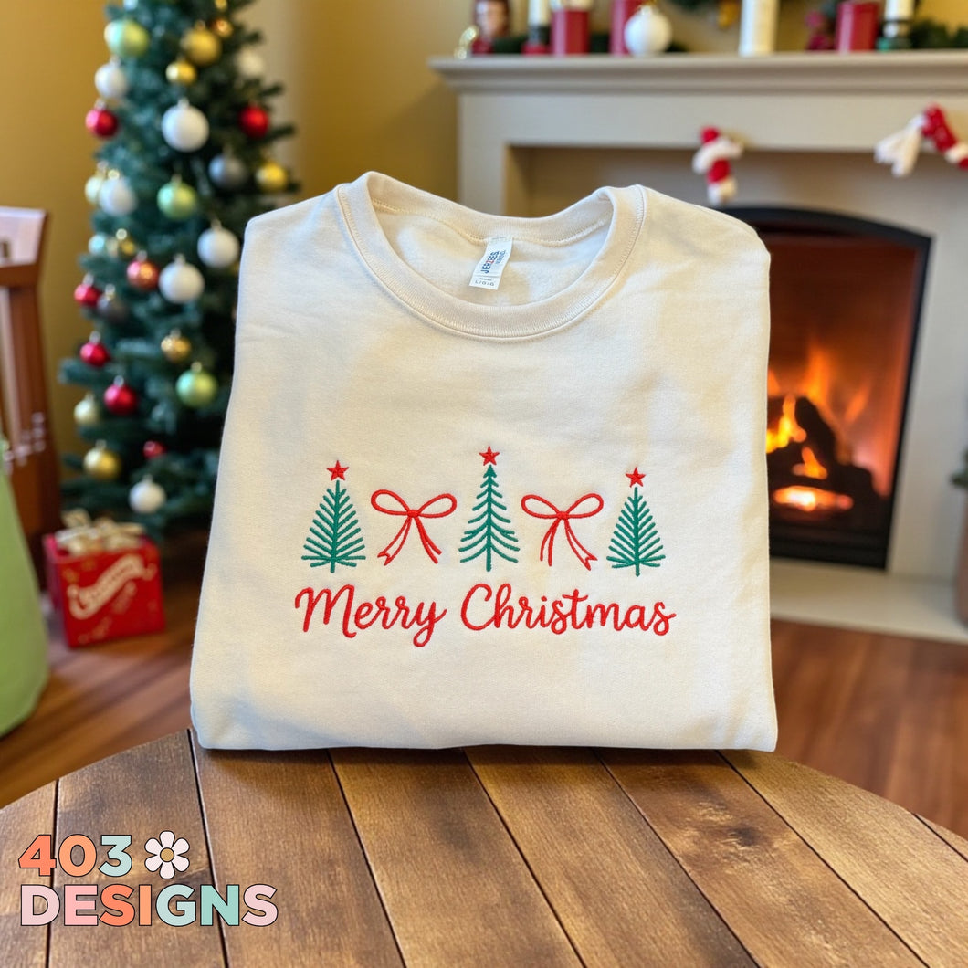 Red Merry Christmas Trees With Bows Embroidered Sweatshirt