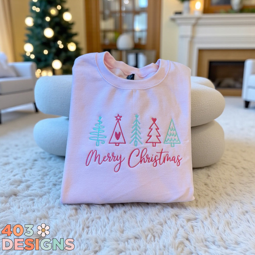 Pink Sketched Christmas Trees Embroidered Sweatshirt
