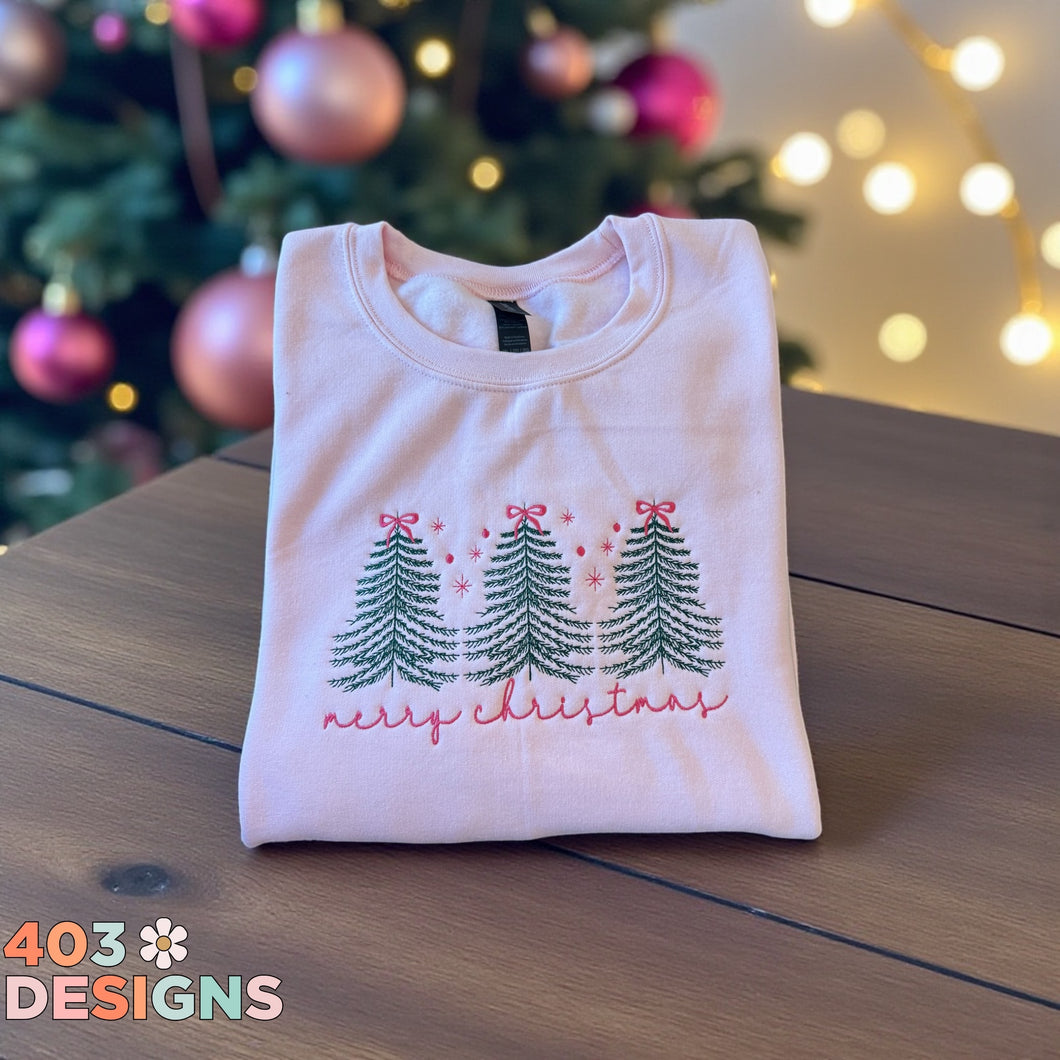 Pink Merry Christmas Trees w/ Pink Bows Embroidered Sweatshirt