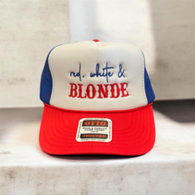 Load image into Gallery viewer, Red White &amp; Blonde Embroidered Trucker Hat

