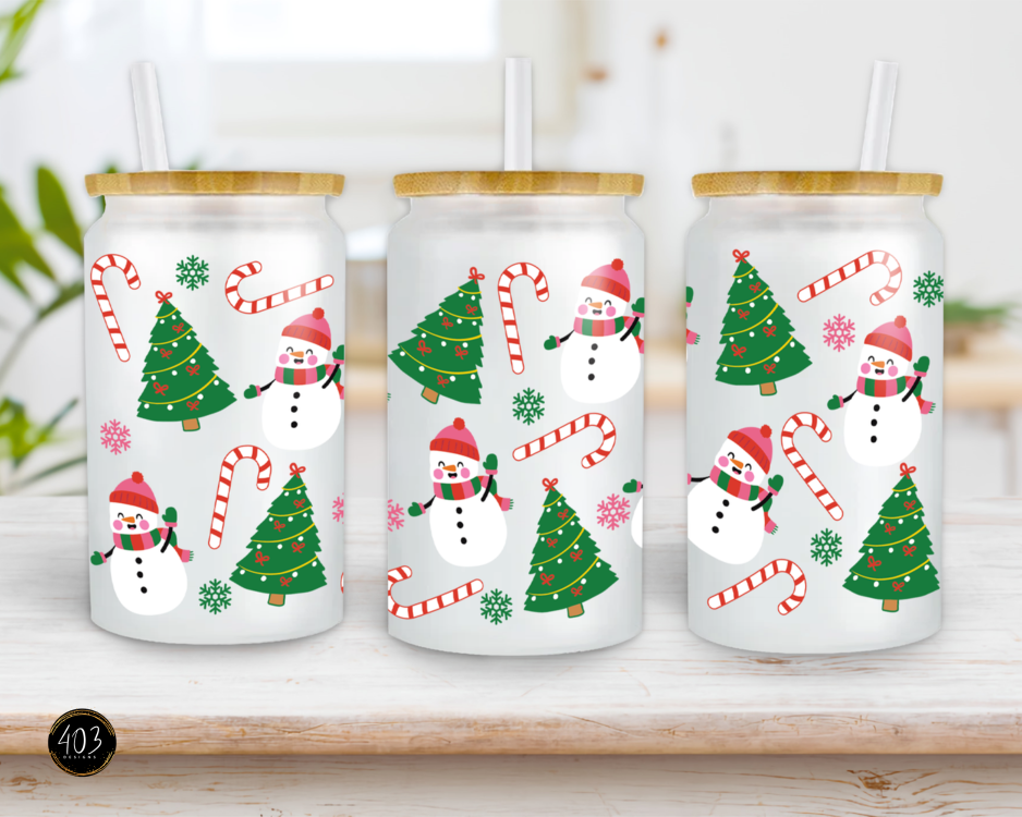 Snowmen w/ Christmas Trees- Libby Glass Can UV DTF Transfer