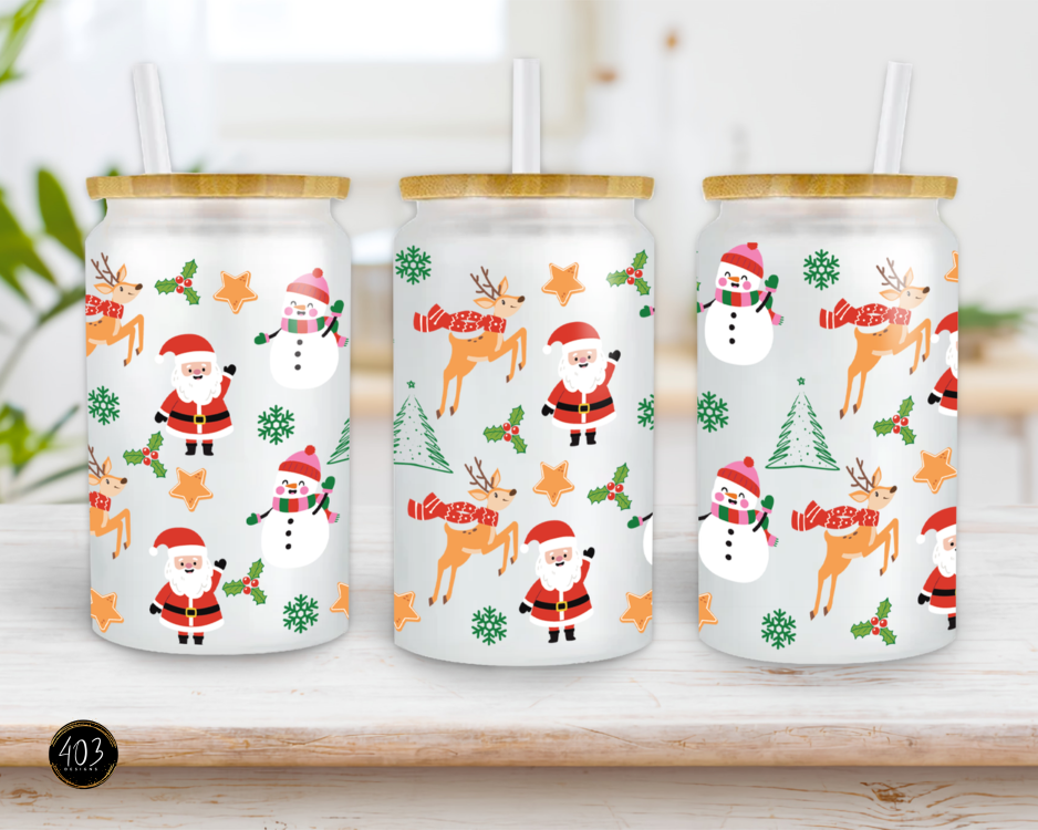 Snowmen w/ Santa & Reindeer- Libby Glass Can UV DTF Transfer