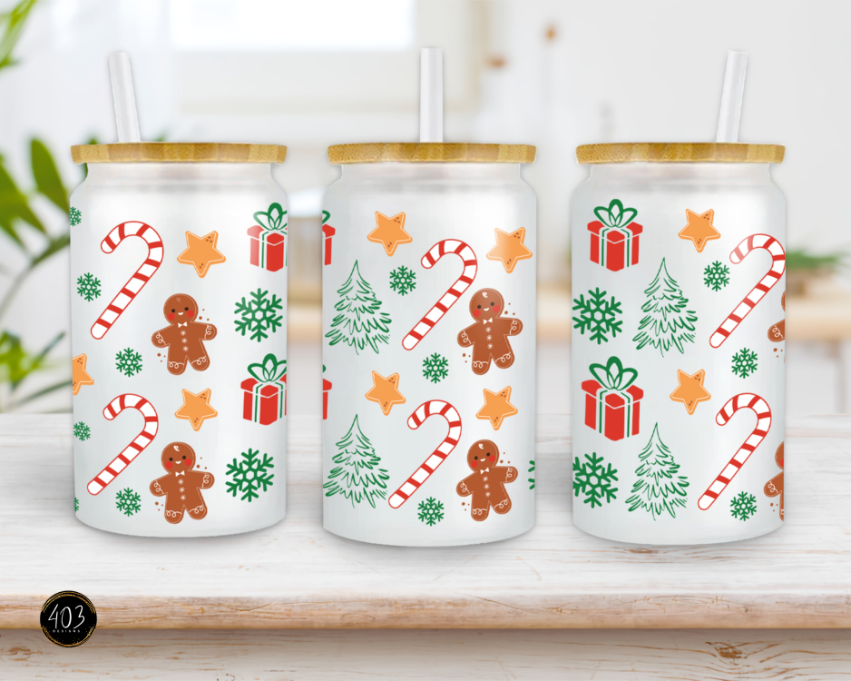 Candy Canes & Gingerbread Men- Libby Glass Can UV DTF Transfer