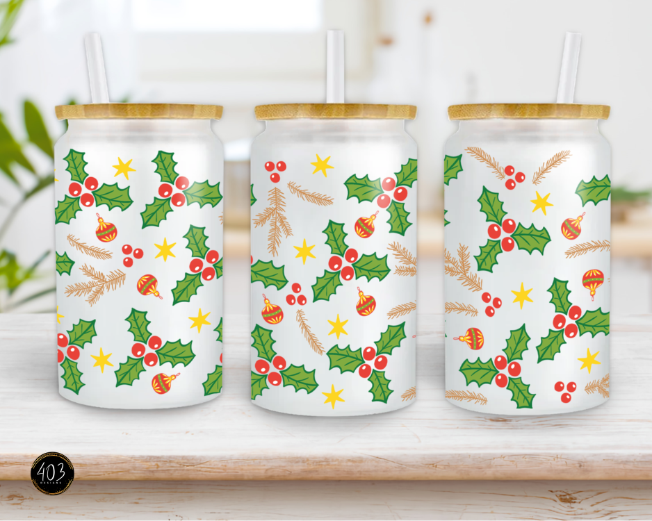 Holly Christmas Ornaments- Libby Glass Can UV DTF Transfer
