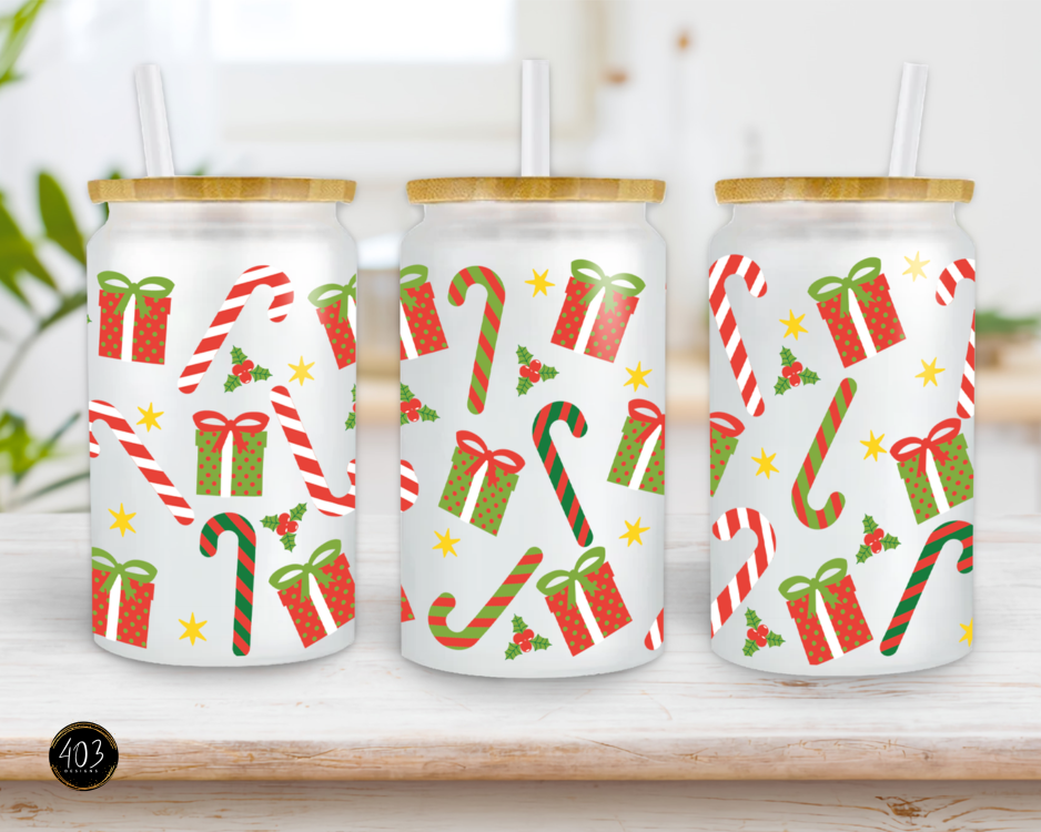 Christmas Presents w/ Candy Canes- Libby Glass Can UV DTF Transfer
