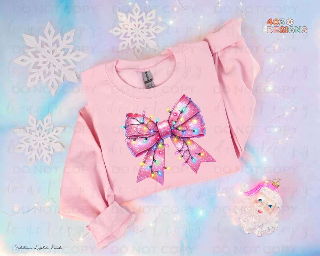 Christmas Lights Pink Bow DTF Transfer